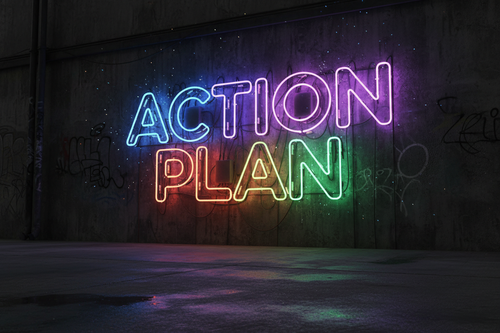 a large neon sign saying: ACTION PLAN