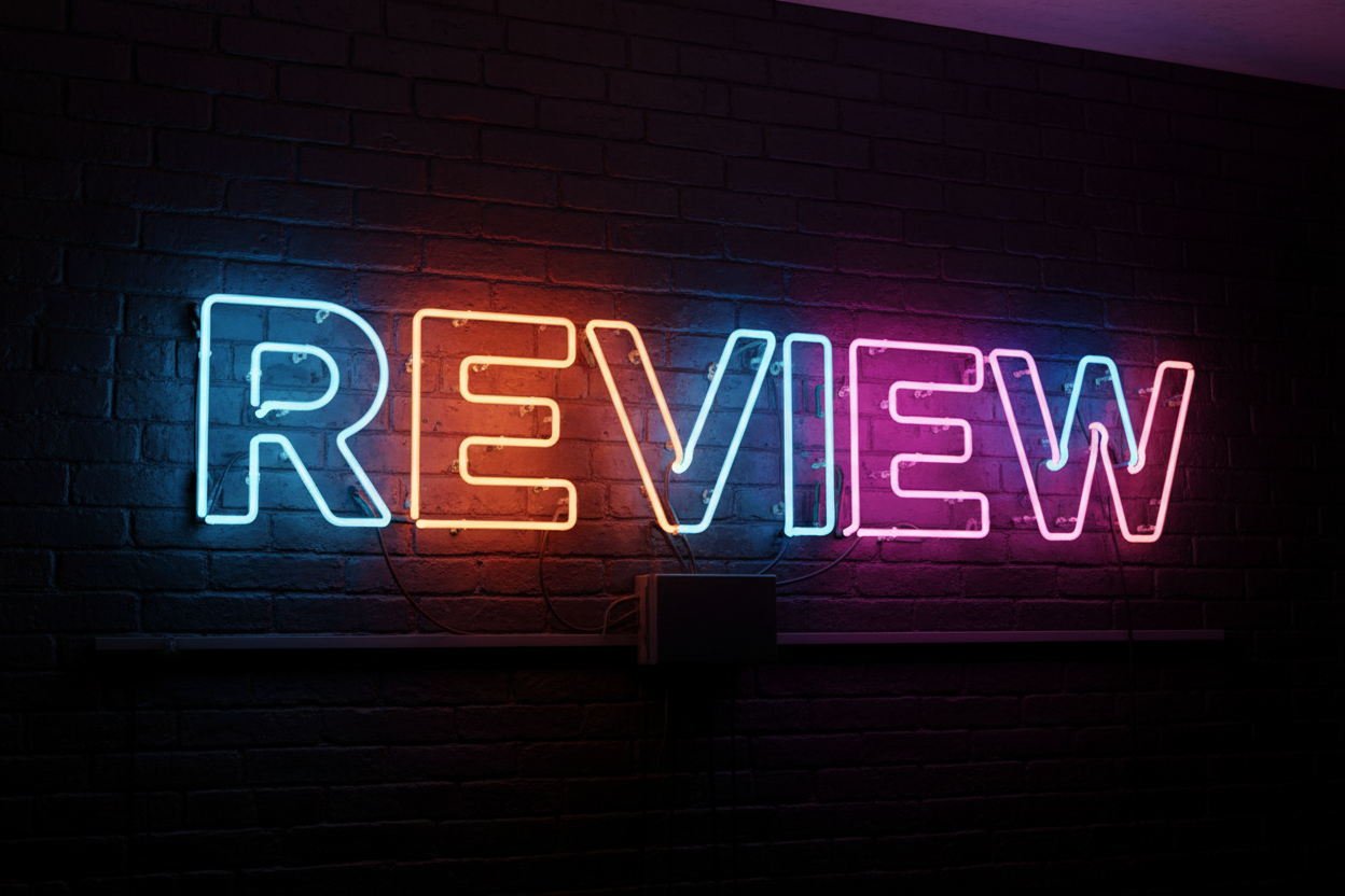a largee neong sign saying REVIEW